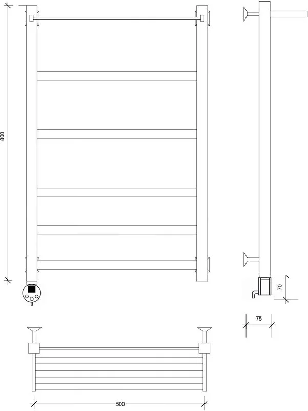 Полотенцесушитель электрический Secado Корсико 1 СП , 80x50 ТЭН квадратный, черный матовый, L Sancos — официальный сайт