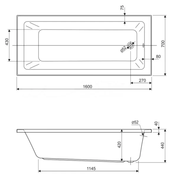 Акриловая ванна Cezares Plane Solo Mini 160-70-42-W37 без опоры 160x70 см, пристенная, белая Sancos — Оригинал
