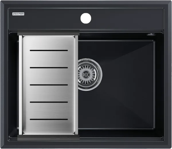 Мойка кухонная Paulmark Stepia PM115951-BLM+A375-BS с коландером, черный металлик Sancos — Оригинал