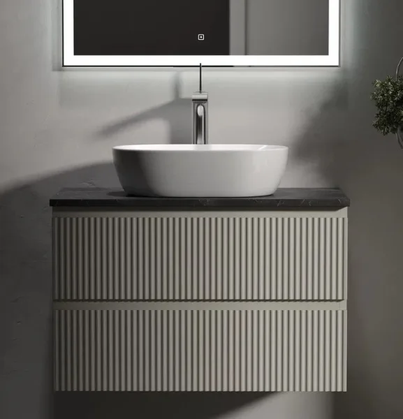 Тумба с раковиной Sancos Snob R 80 см, beige soft, столешница черный мрамор, раковина CN5010 Sancos — Оригинал