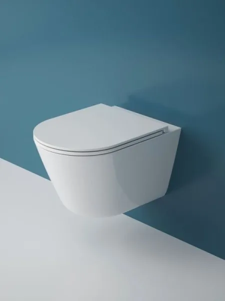 Подвесной унитаз Esbano Clavel-53T ESUPCLAV53TW белый глянец безободковый, смыв Торнадо, с сиденьем  Sancos — Оригинал