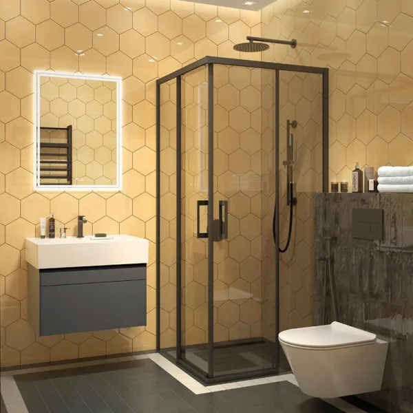 Душевой уголок KERAMA MARAZZI Vetro 90х90 см, квадратный, раздвижная дверь, профиль матовый черный Sancos — Оригинал