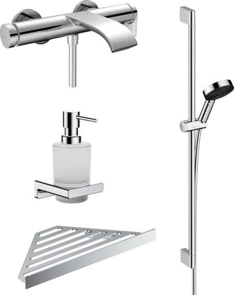 Смеситель для ванны с душем Hansgrohe Vivenis 75420000, + Душевой гарнитур 24170000 + аксессуары для Sancos — Оригинал