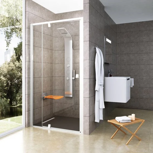 Душевая дверь в нишу Ravak Pivot PDOP2-110 Transparent, профиль и ручки белые Sancos — Оригинал