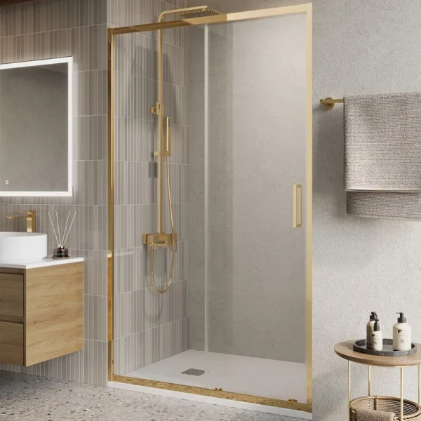 Душевая дверь в нишу BelBagno Luce BF-1-110-C-ORO профиль золото, стекло прозрачное Sancos — Оригинал