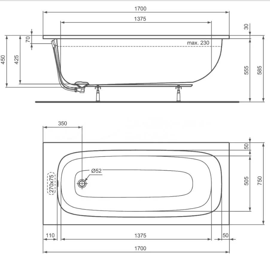 Акриловая ванна Ideal Standard I.life A T476001 без опоры 170x75 см, пристенная, euro white  Sancos — официальный сайт
