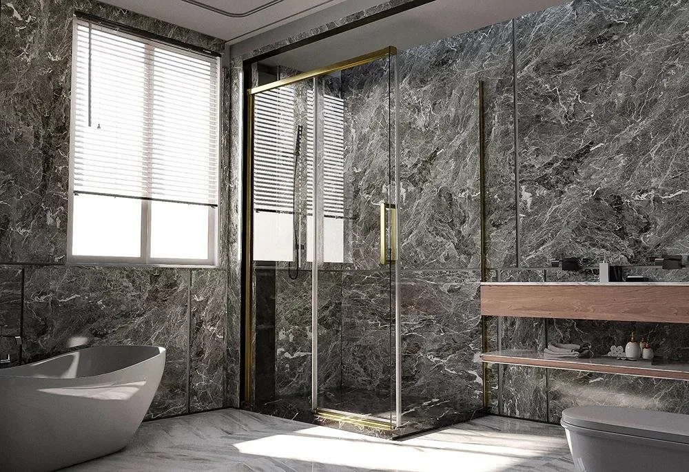 Дверь для душевого уголка Veconi Premium Trento PTD-40G 130 см, профиль брашированное золото, стекло Sancos — официальный сайт