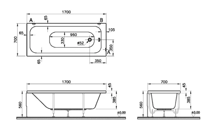 Акриловая ванна VitrA Optimum Neo 64530001000 без опоры 170x70 см, пристенная, белая Sancos — официальный сайт