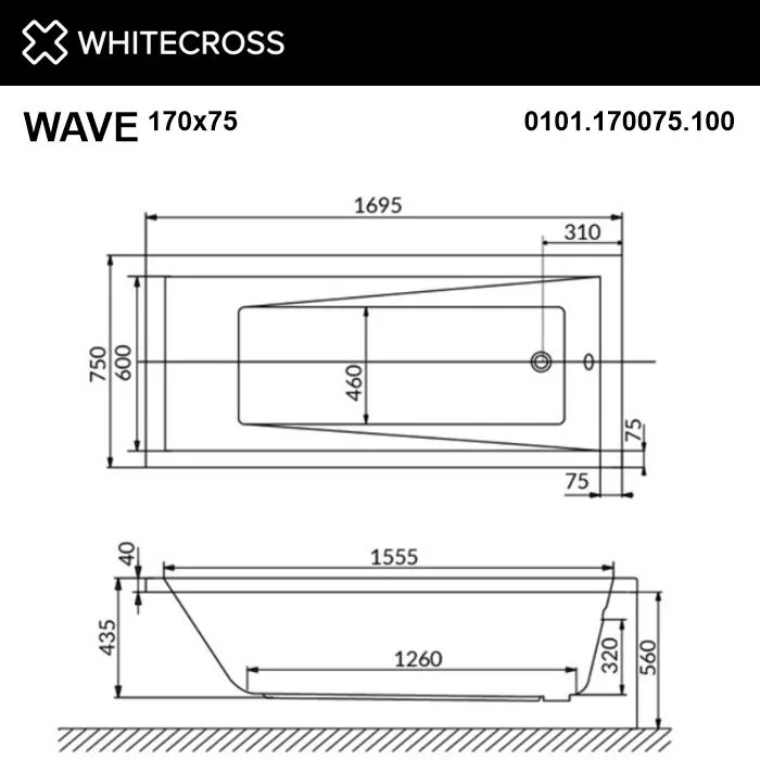 Акриловая ванна WHITECROSS Wave 170x75 см, пристенная, белая Sancos — официальный сайт