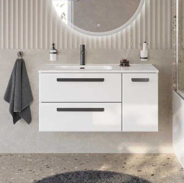 Тумба под раковину без столешницы Cezares Eco Cer-N 100 L 2 ящика, 1 дверца, bianco lucido, ручки ма Sancos — Оригинал