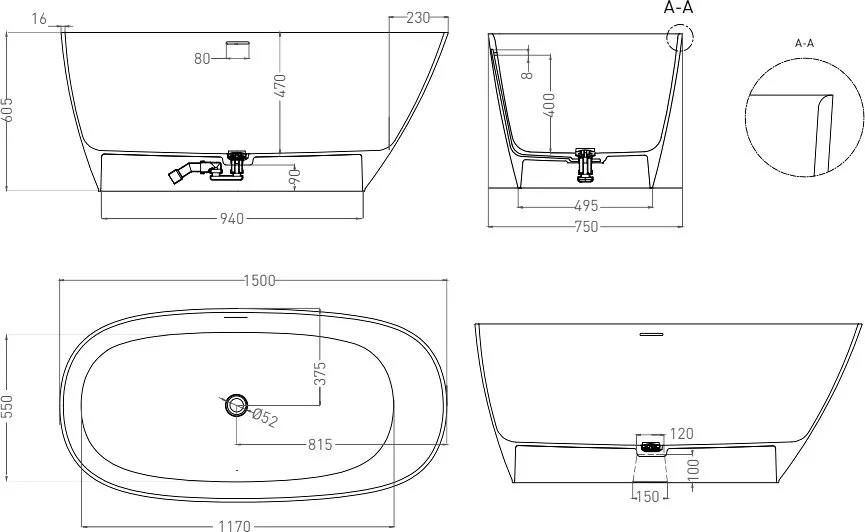 Ванна из искусственного камня Salini Sofia S-Sense 150x75 см, отдельностоящая, белая, овальная, с до Sancos — официальный сайт