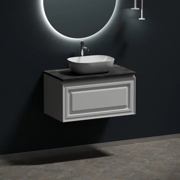 Тумба с раковиной Sancos Very 80 см, bianco, столешница черный мрамор, раковина CN6009