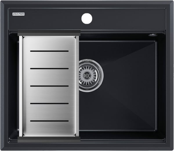 Мойка кухонная Paulmark Stepia PM115951-BLM+A375-BS с коландером, черный металлик