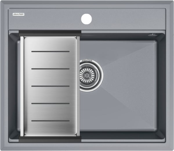 Мойка кухонная Paulmark Stepia PM115951-GRM+A375-BS с коландером, серый металлик