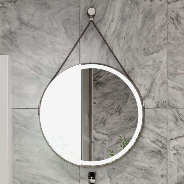 Зеркало круглое Jorno Wood 50 с подсветкой, кожаный ремень