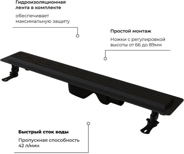 Душевой трап (лоток) RGW Drain Leo-30, черный, 60 см
