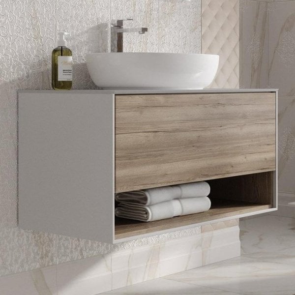 Тумба под раковину без столешницы KERAMA MARAZZI Plaza Modern 100 подвесная, с ящиком и полкой, дуб 