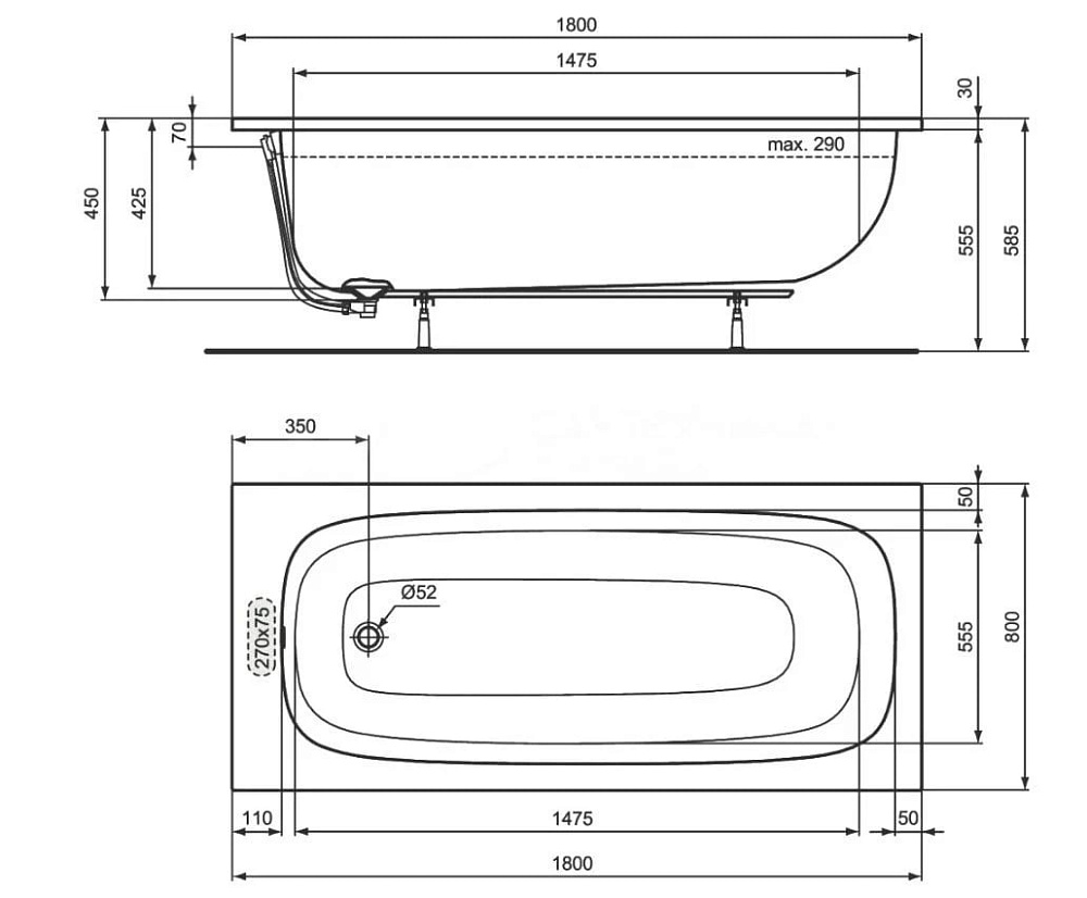 Акриловая ванна Ideal Standard I.life A T476201 без опоры 180x80 см, пристенная, euro white 