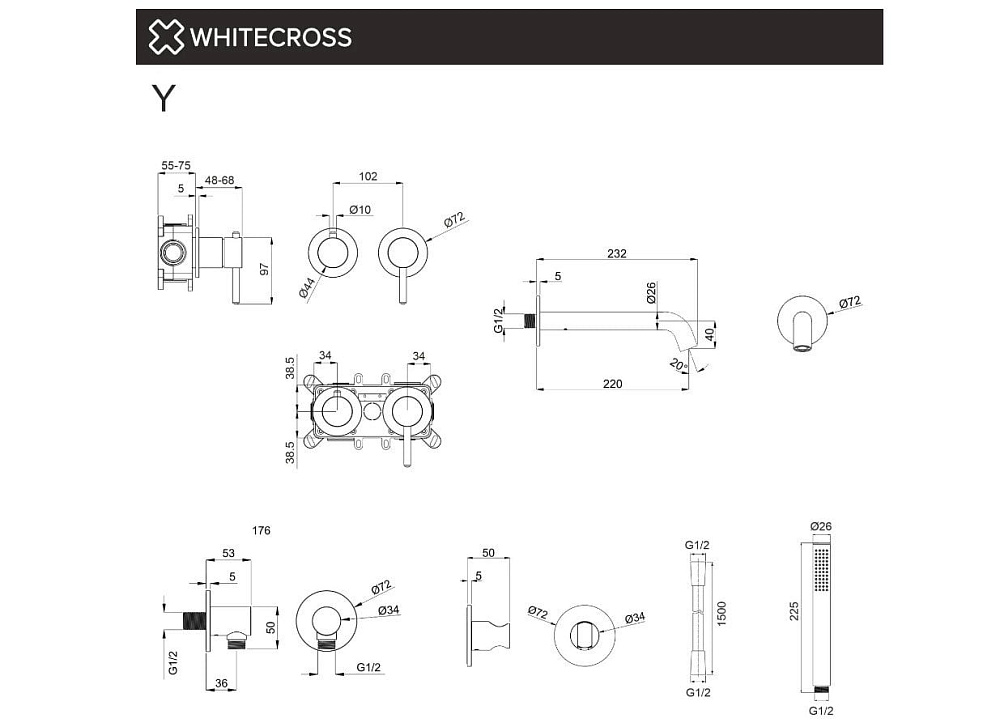 Встраиваемый смеситель для ванны WHITECROSS Y YSET1240GM, С ВНУТРЕННЕЙ ЧАСТЬЮ, оружейная сталь