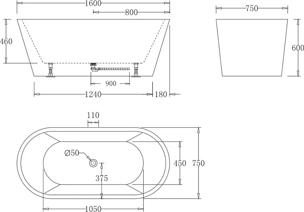 Акриловая ванна BelBagno 160x75 см, BB71-1600-W0