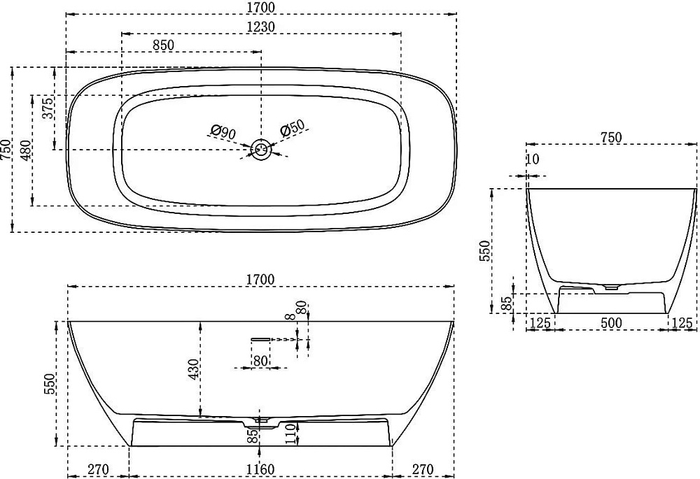 Ванна из искусственного камня Vincea VBT-6S02MW 170x75 см, отдельностоящая, матовая белая, овальная,