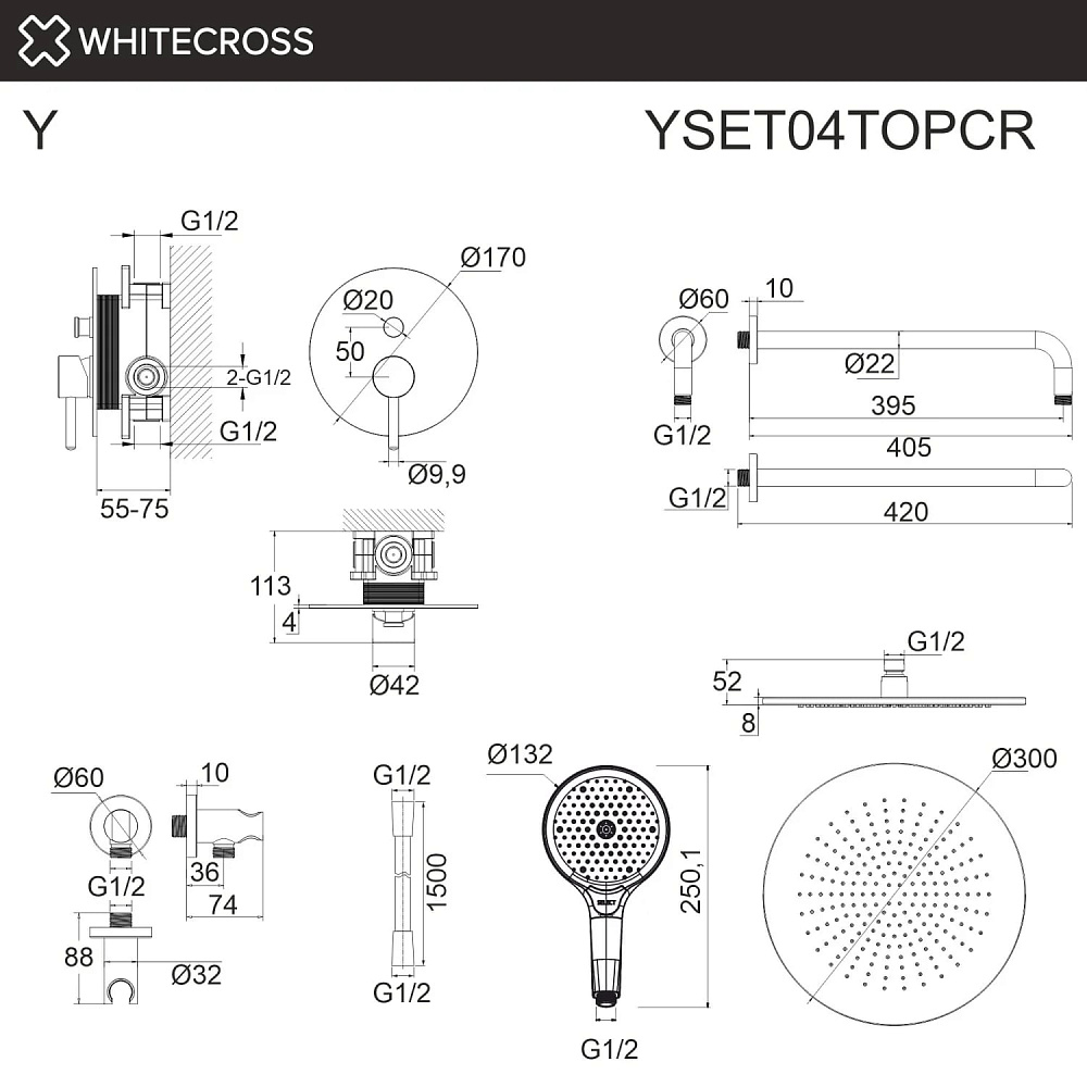 Душевой комплект WHITECROSS Y YSET04TOPCR, С ВНУТРЕННЕЙ ЧАСТЬЮ, хром
