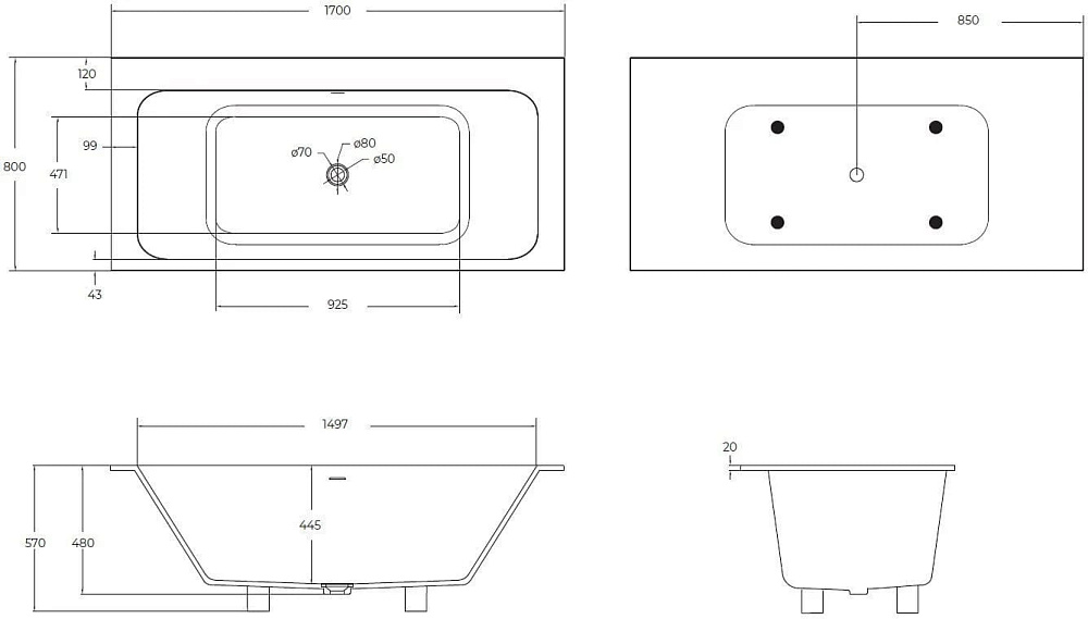 Ванна из искусственного камня Cezares Slider Solid Surface 170x80 см, встраиваемая, матовая белая, с