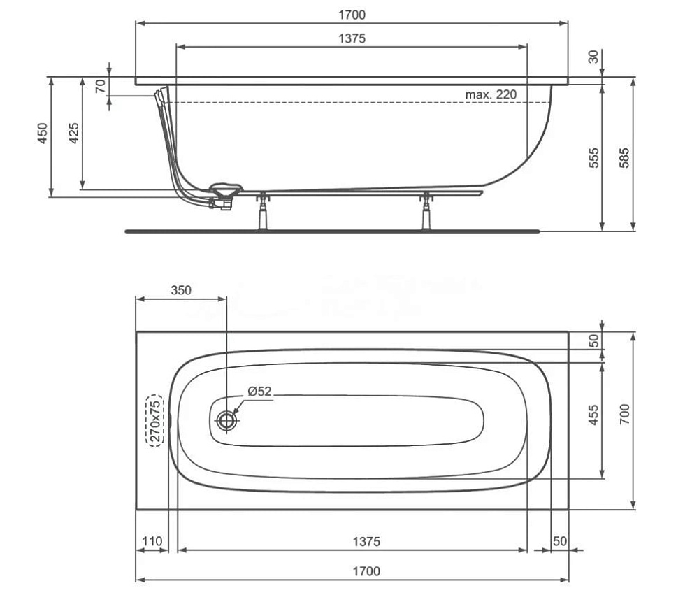 Акриловая ванна Ideal Standard I.life A T475901 без опоры 170x70 см, пристенная, euro white