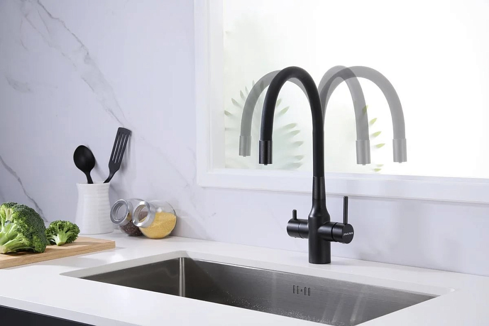 Смеситель для кухни Paulmark Salix Salix Sa213419-BLM матовый черный, с гибким изливом