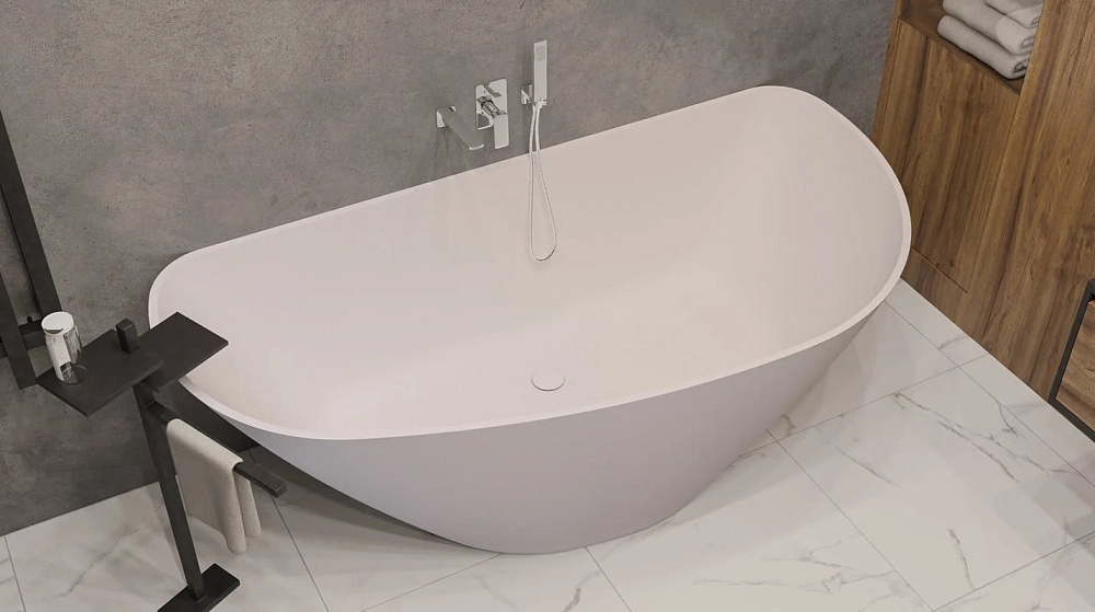 Ванна из искусственного камня WHITECROSS Topaz 170x80 см, отдельностоящая, матовая белая, асимметрич