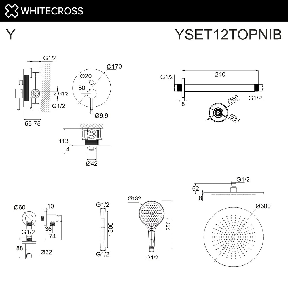 Душевой комплект WHITECROSS Y YSET12TOPNIB, С ВНУТРЕННЕЙ ЧАСТЬЮ, брашированный никель