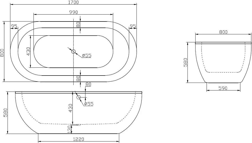 Акриловая ванна BelBagno 170x80 см, BB13-1700