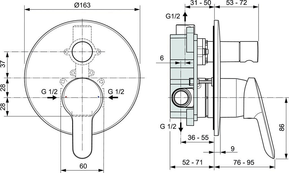 Встраиваемый смеситель Ideal Standard Dot 2.0 A7165AA С ВНУТРЕННЕЙ ЧАСТЬЮ