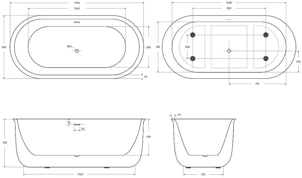 Акриловая ванна BelBagno 170x80 см, BB709-1700-780