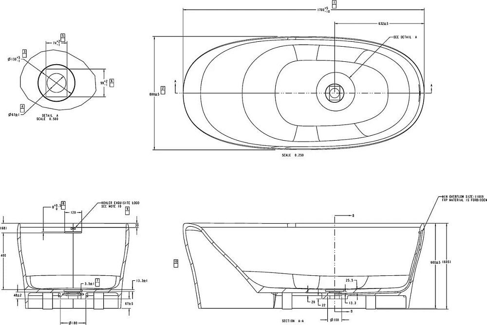 Ванна из искусственного камня Allen Brau Krion Neo 170x80 см, отдельностоящая, матовая белая, овальн