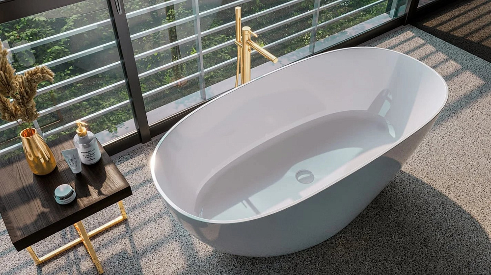Ванна из искусственного камня WHITECROSS Onyx A 160x75 см, отдельностоящая, белая, овальная, с донны