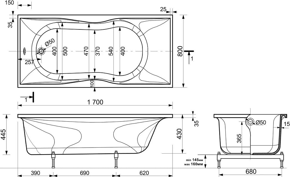 Ванна из искусственного камня Эстет Бета 170x80 см, правая, пристенная, на ножках