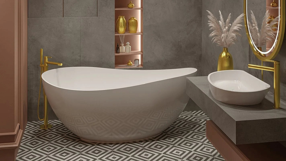 Ванна из искусственного камня WHITECROSS Ruby 170x75 см, отдельностоящая, белая, овальная, с донным 