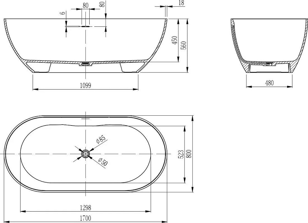 Ванна из искусственного камня Vincea VBT-4S04MW 170x80 см, отдельностоящая, матовая белая, овальная,