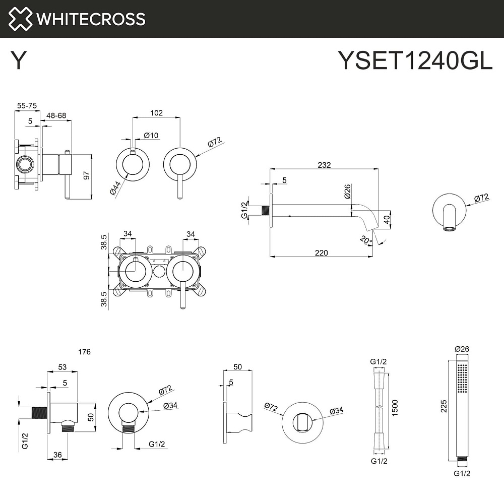 Встраиваемый смеситель для ванны WHITECROSS Y YSET1240GL, С ВНУТРЕННЕЙ ЧАСТЬЮ, золото