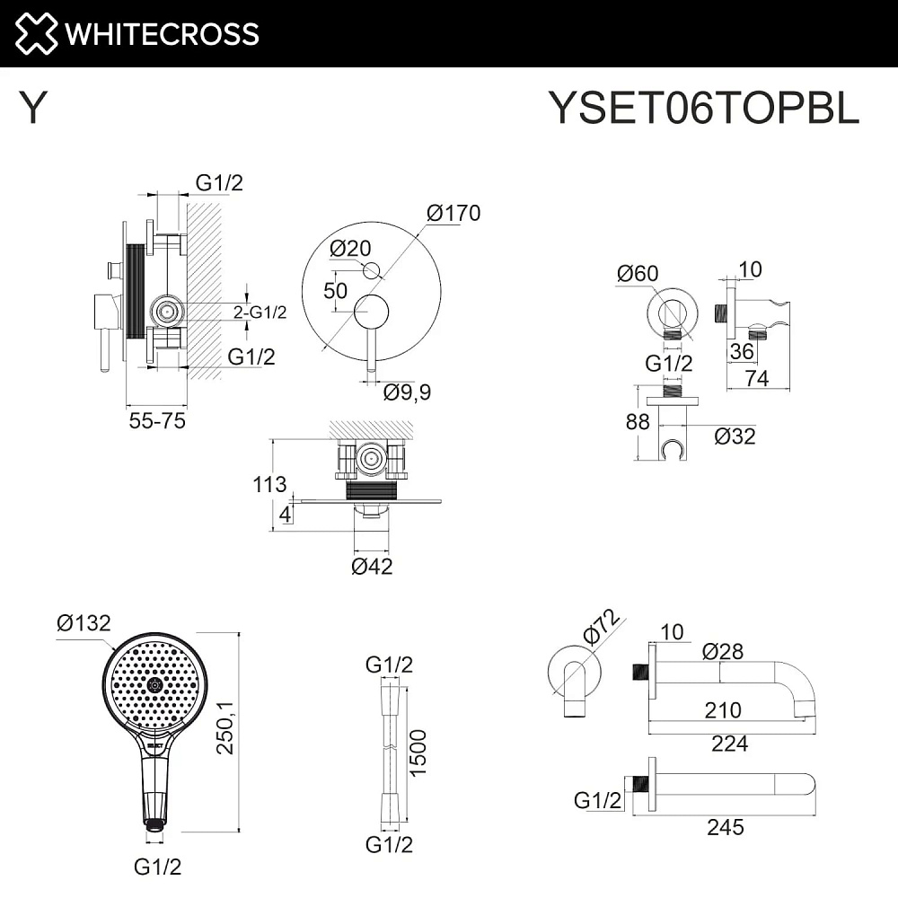 Душевой комплект WHITECROSS Y YSET06TOPBL, С ВНУТРЕННЕЙ ЧАСТЬЮ, черный матовый