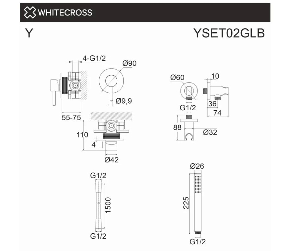 Душевой комплект WHITECROSS Y YSET02GLB С ВНУТРЕННЕЙ ЧАСТЬЮ, брашированное золото