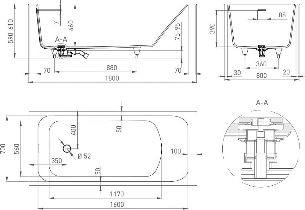 Ванна из искусственного камня Salini Orlanda Kit 180x80 см, встраиваемая, матовая белая, на ножках, 