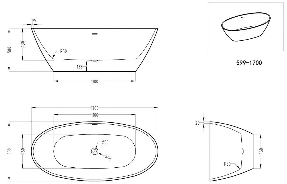 Акриловая ванна Art&Max 170x80 см, AM-599-1700-800