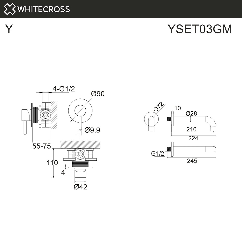 Смеситель для раковины WHITECROSS Y YSET03GM С ВНУТРЕННЕЙ ЧАСТЬЮ, оружейная сталь