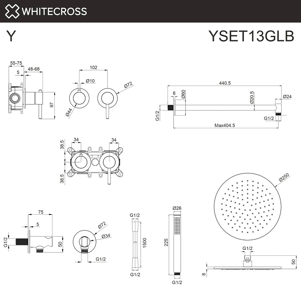 Душевой комплект WHITECROSS Y YSET13GLB, С ВНУТРЕННЕЙ ЧАСТЬЮ, брашированное золото
