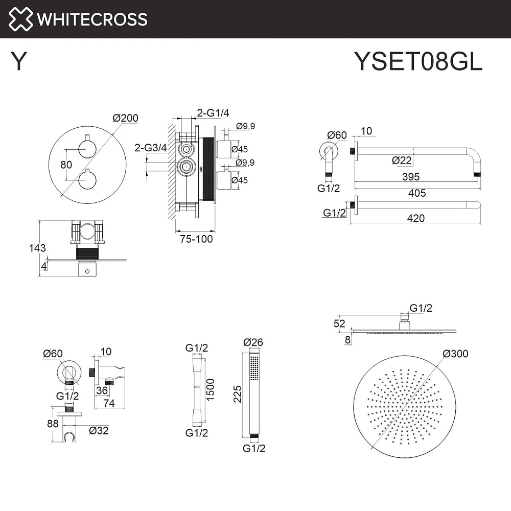 Душевой комплект WHITECROSS Y YSET08GL, С ВНУТРЕННЕЙ ЧАСТЬЮ, золото