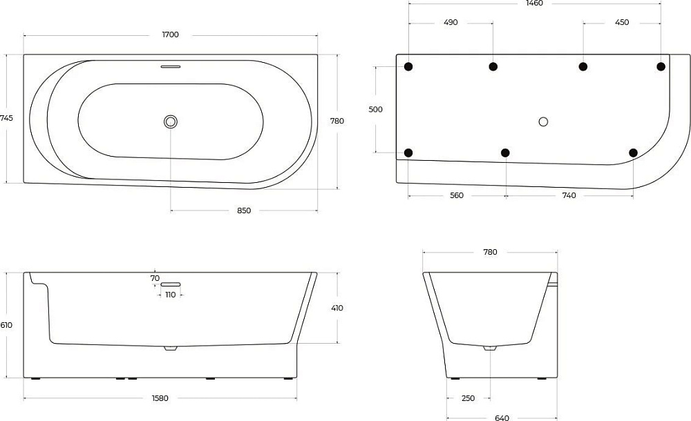 Акриловая ванна BelBagno 170x80 см, левая, BB410-1700-780-L