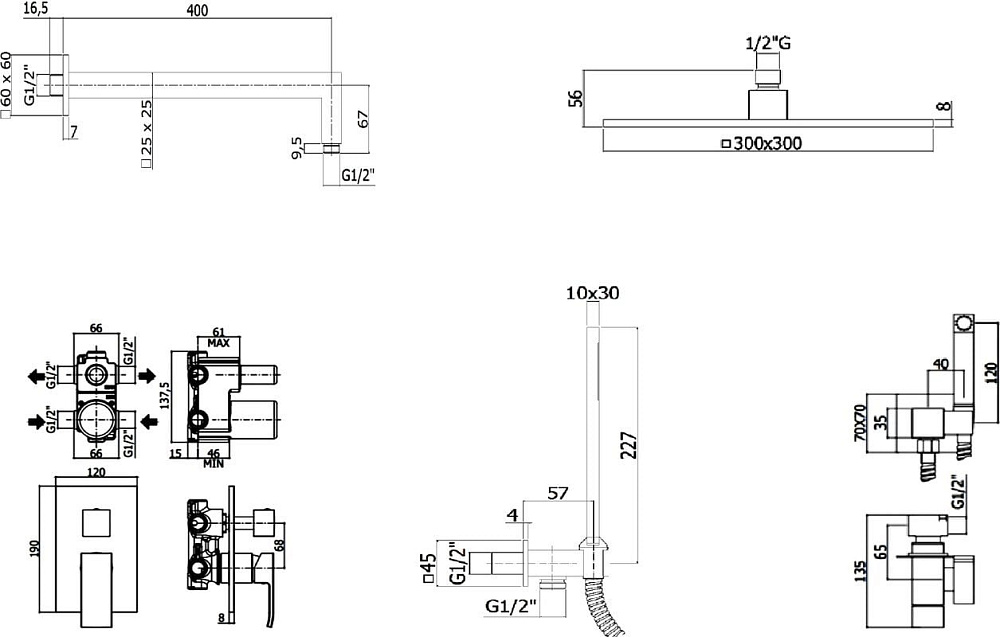 Комплект для ванной Paffoni Elle KITZEL018CR/MKING С ВНУТРЕННЕЙ ЧАСТЬЮ, верхний душ 30 см, хром