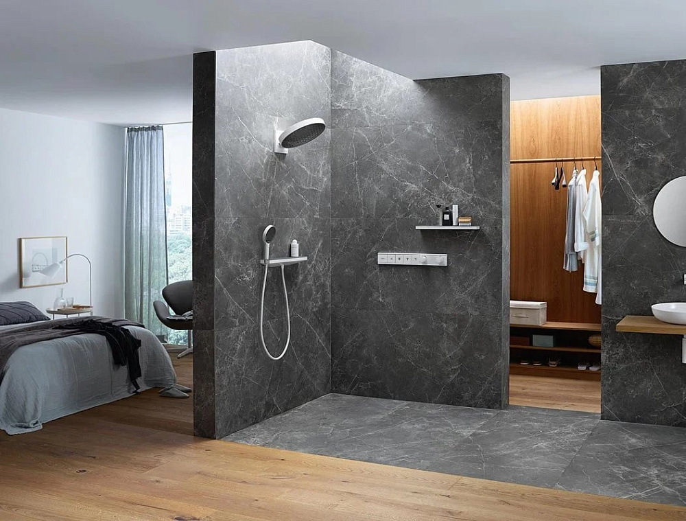 Шланговое подключение Hansgrohe Rainfinity Porter 500 26843700, с полкой и держателем